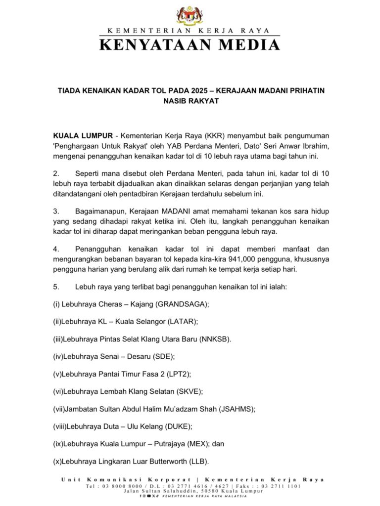 PENANGGUHAN KADAR TOL DI 10 LEBUHRAYA UTAMA