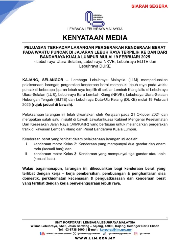 PELUASAN TERHADAP LARANGAN PERGERAKAN KENDERAAN BERAT