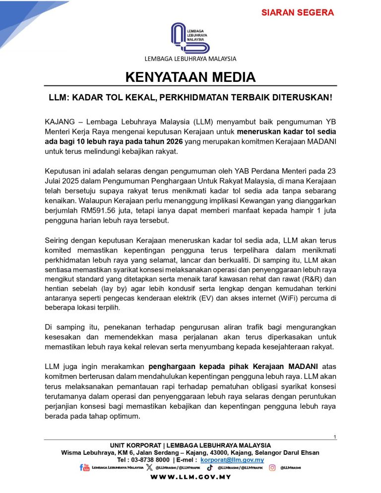 LLM: KADAR TOL KEKAL, PERKHIDMATAN TERBAIK DITERUSKAN