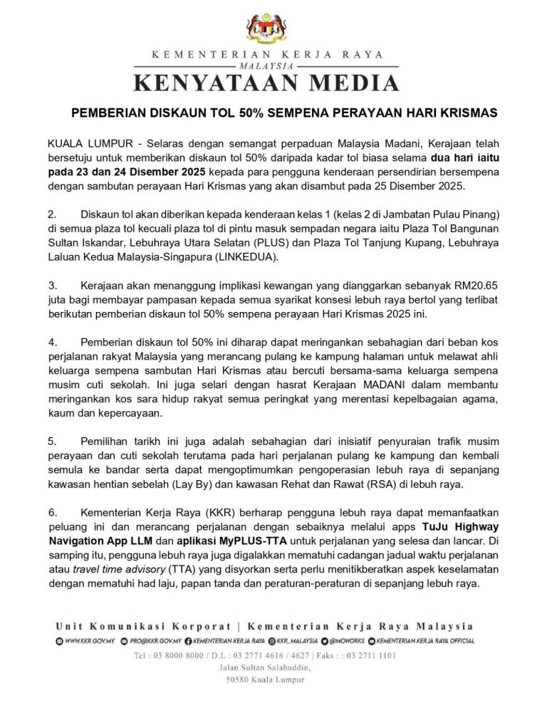 PEMBERIAN DISKAUN TOL 50% SEMPENA PERAYAAN HARI KRISMAS