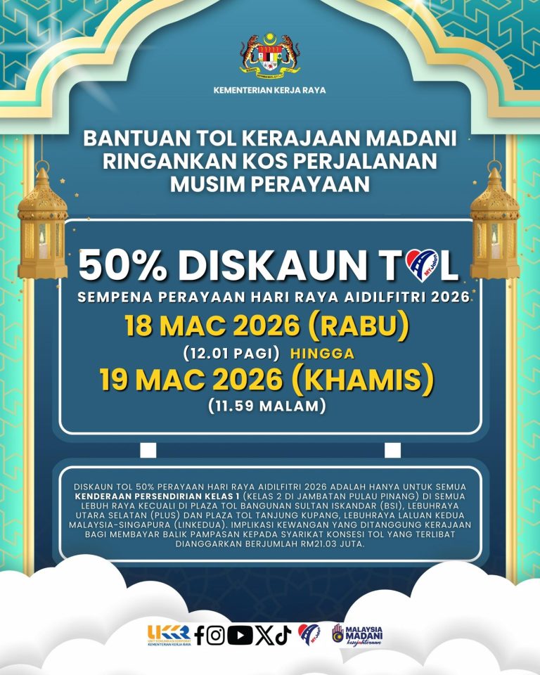Diskaun Tol 50% Sempena Sambutan Hari Raya Aidilfitri 2026
